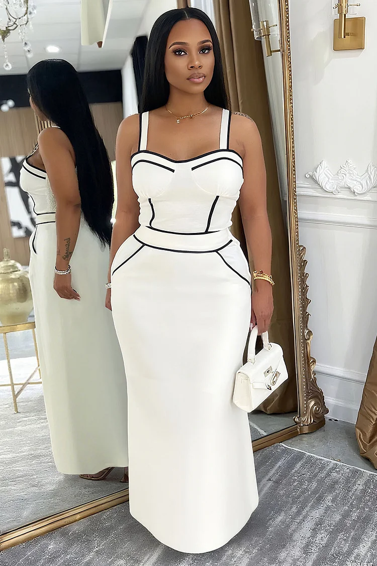 Colorblock Seam Detail Slim-Fit Daily Cami Maxi Dresses-White [Pre Order]
