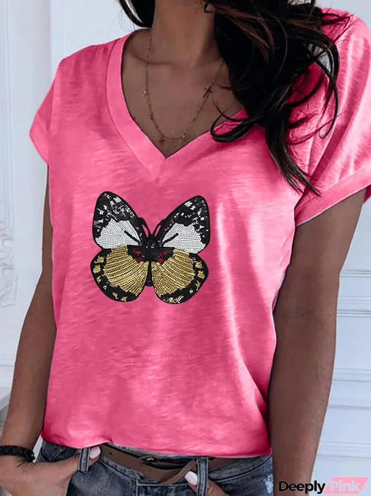 Casual Butterfly Sequin Sewing V Neck T-shirt for Women