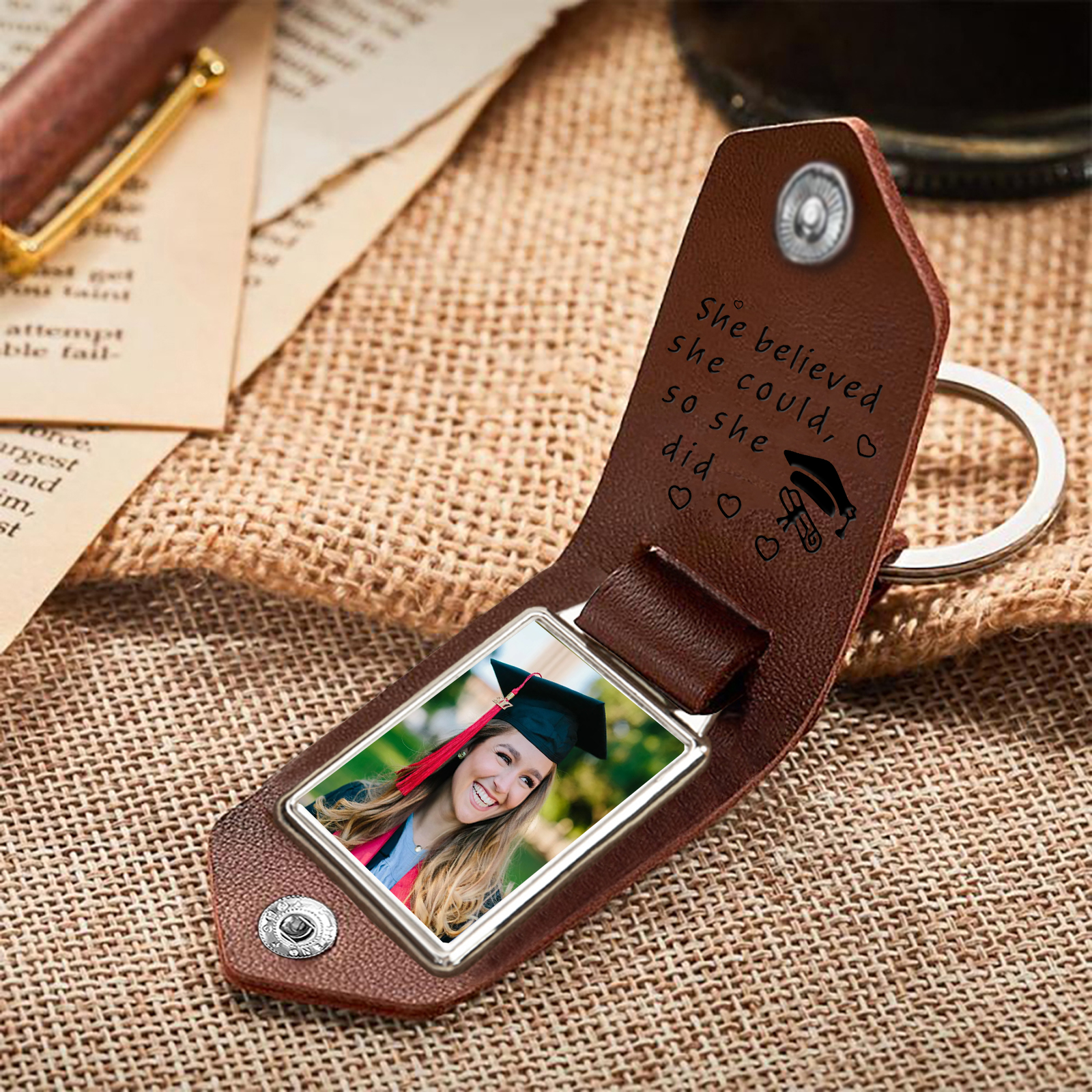 Personalised Graduation Leather Keychain Custom Name & Photo Keychain Graduation Gift - She Believed She Could, So She Did-Jessemade AU