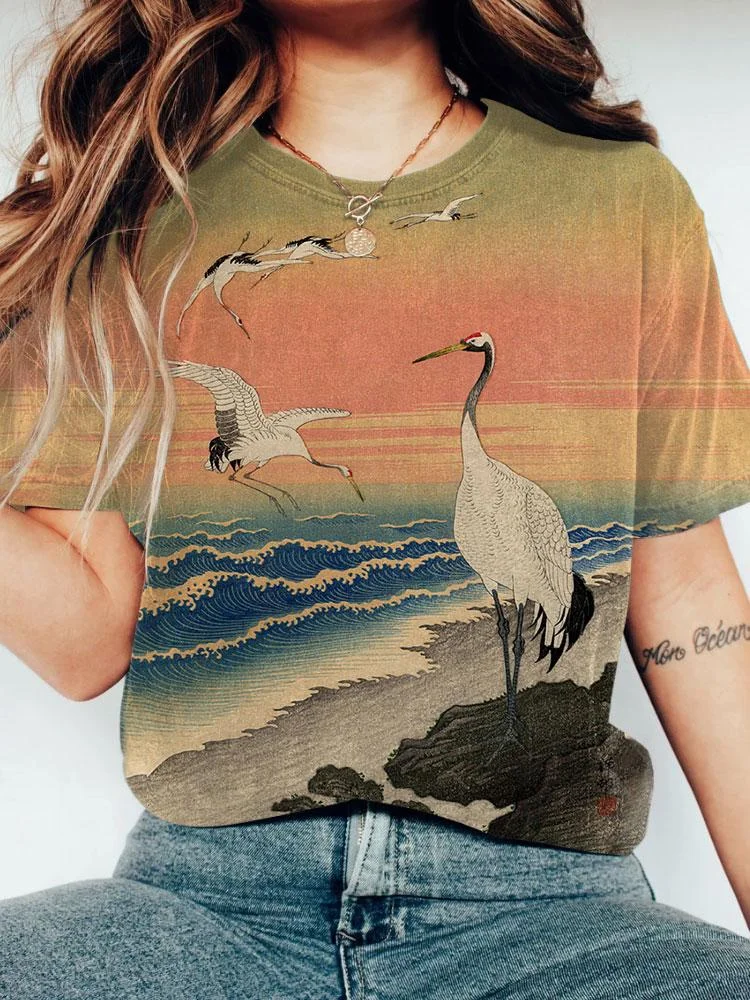 Japanese Art Flying Crane By The Sea Short Sleeve Tshirt