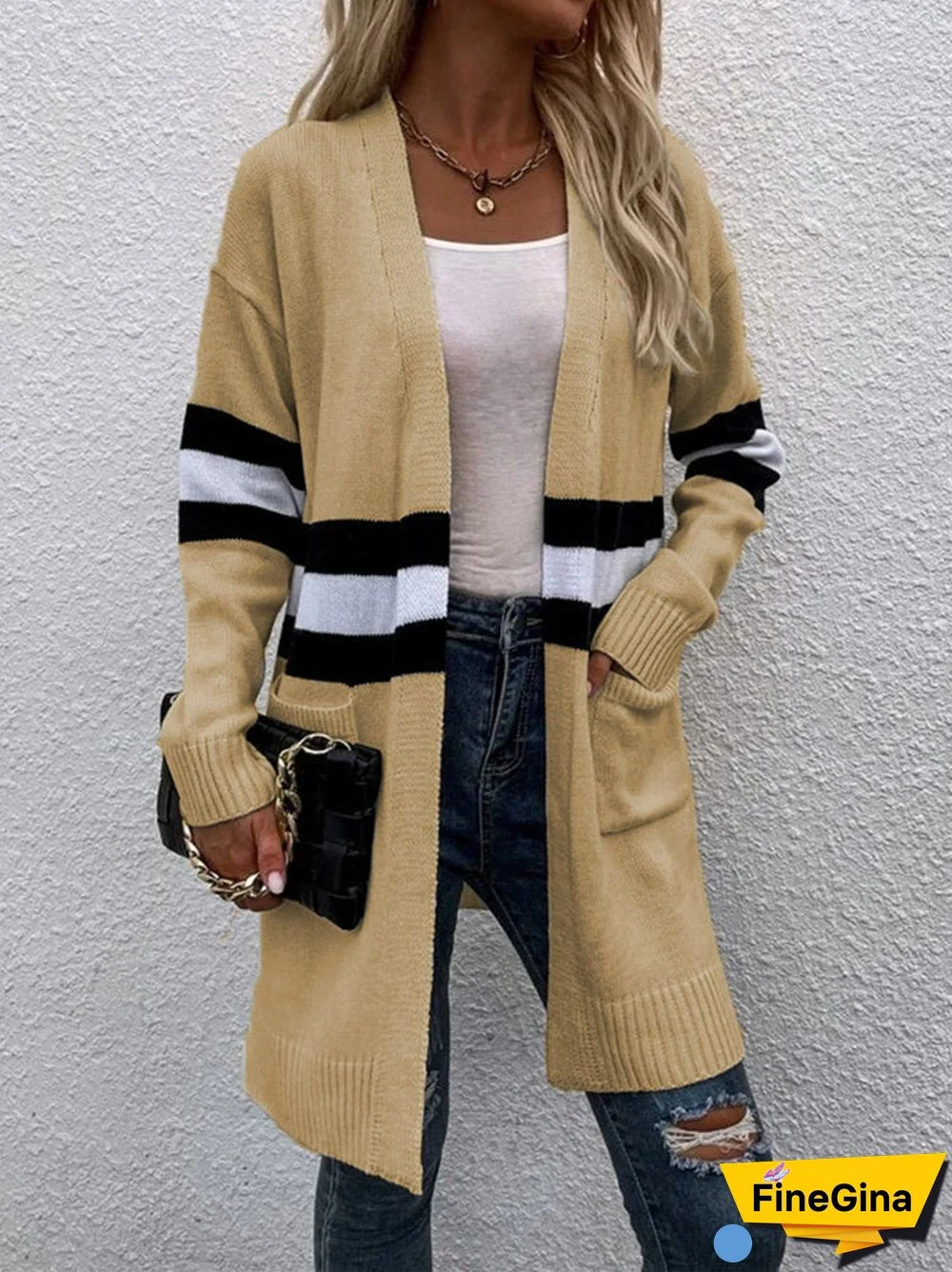 Women's V-neck Stitching Sweater Cardigan Jacket Mid-length Coat