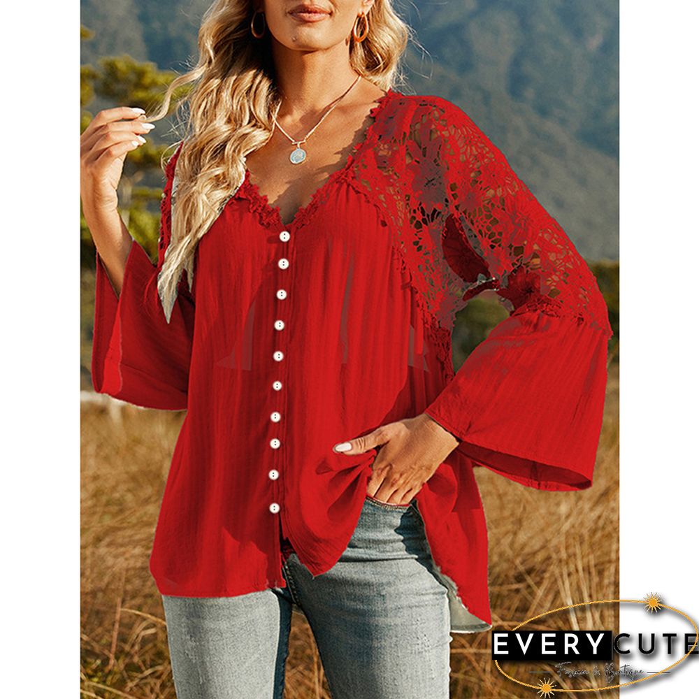 Red Lace Crochet V Neck Long Sleeve Blouse