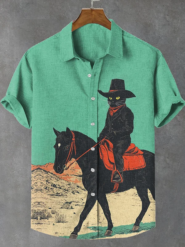Men's Western Desert Cowboy Cat Riding Horse Art Print Shirt