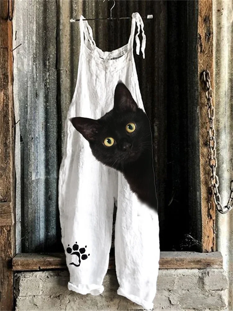 Black Cat Peeking Paw Print Loose Jumpsuit