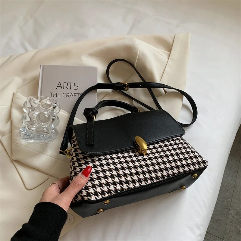 Houndstooth Small PU Leather Shoulder Crossbody Bags with Short Handle for Women 2021 Hit Winter Simple Handbags and Purses