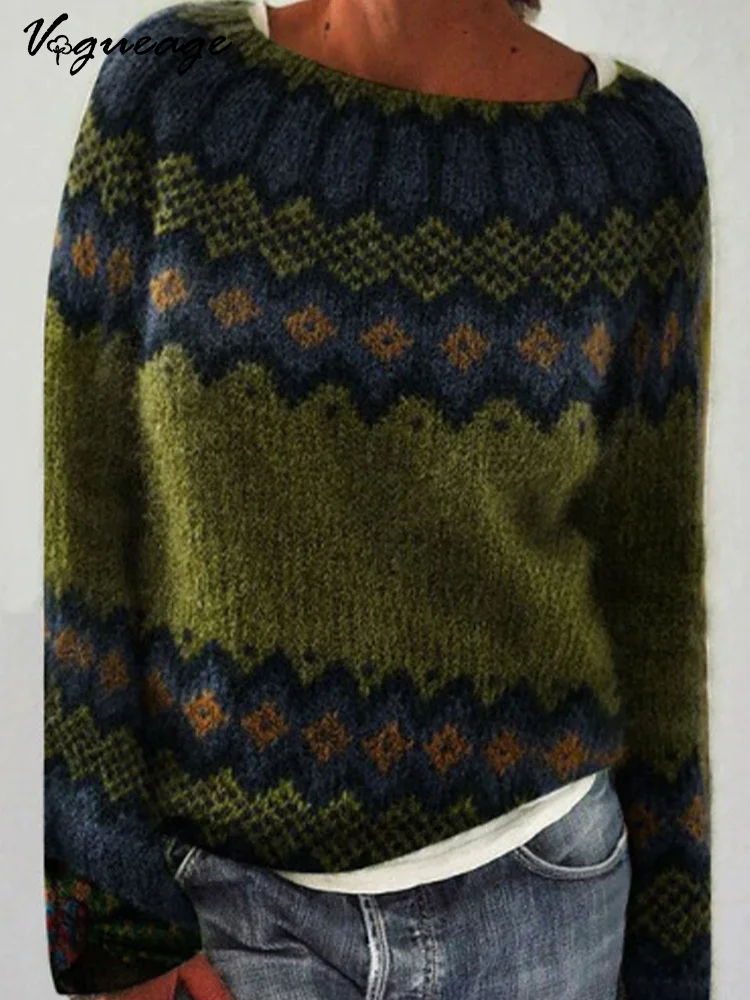 Retro Pattern Stitching Casual Long-Sleeved Knitted Sweater