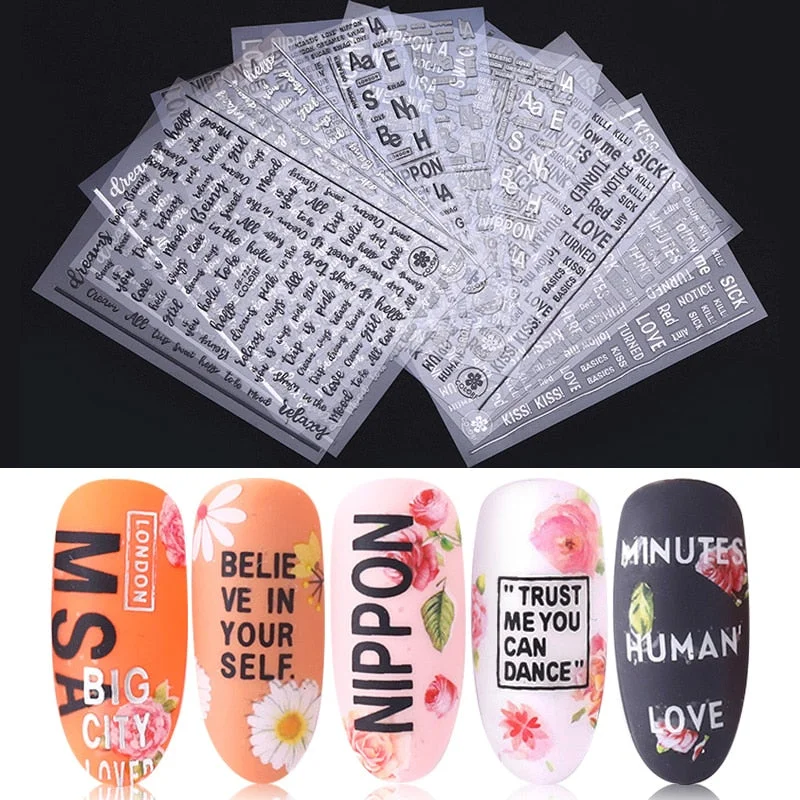 1 Sheet 3D Nail Stickers Black Geometric Flower Letter Patterns Adhesive Transfer Decals Nail Art DIY Design Decoration-Nail Inspo
