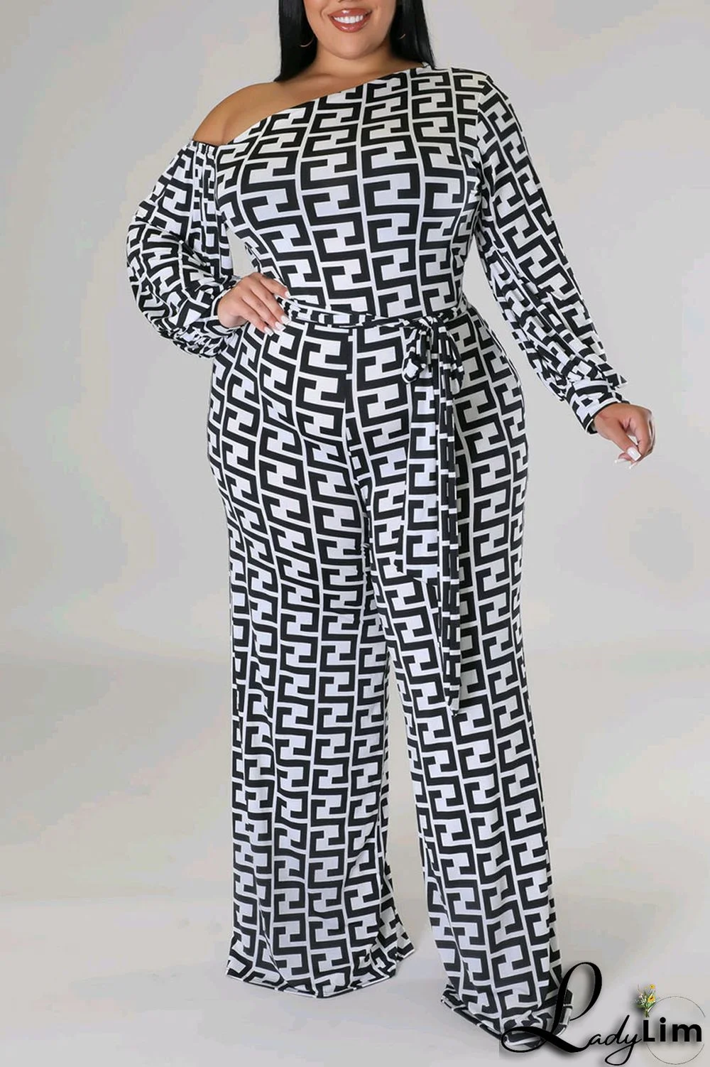 White Fashion Casual Print Patchwork Asymmetrical Collar Plus Size Jumpsuits