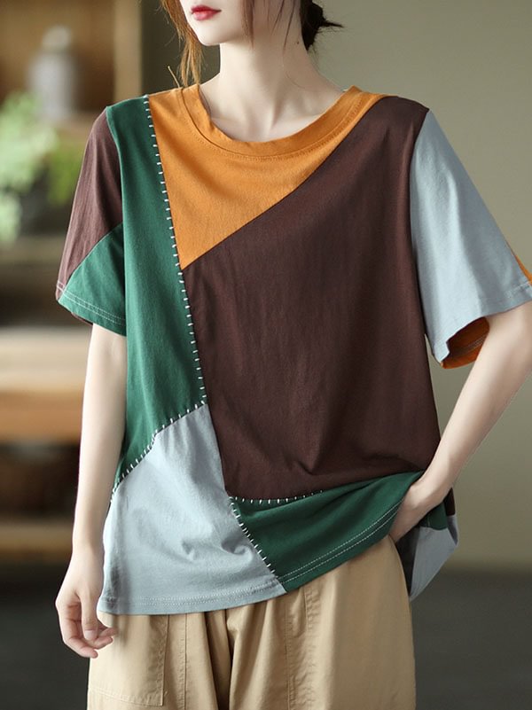 Cotton Blend Round-Neck Contrast Color T-Shirts Tops