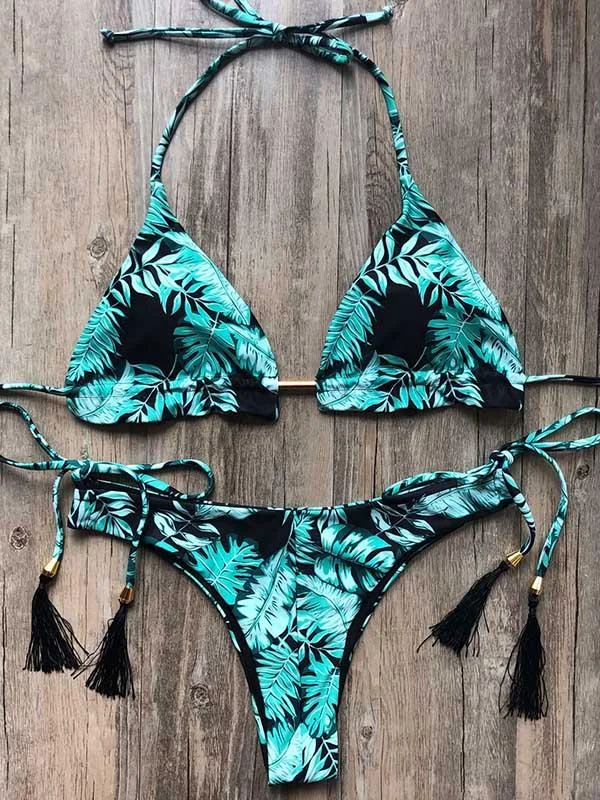 Floral-Print Tasseled Triangles Split Bikini Swimsuit