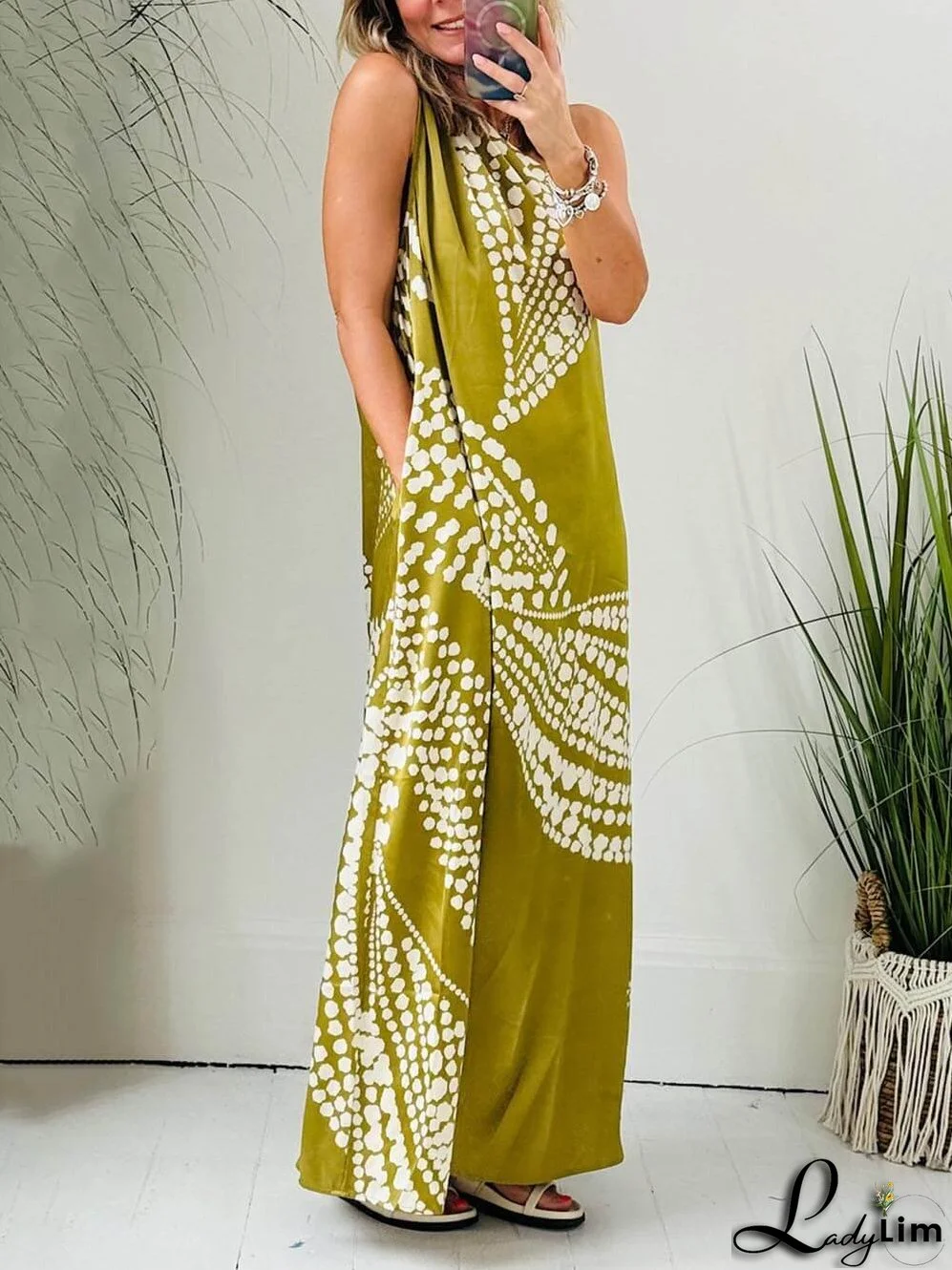 Polka Dot Print One Shoulder Pocketed Maxi kjole