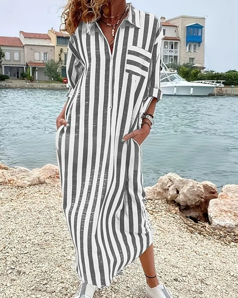 Stripe Chest Pocket Single Breasted Long Sleeve Shirt Midi Dress