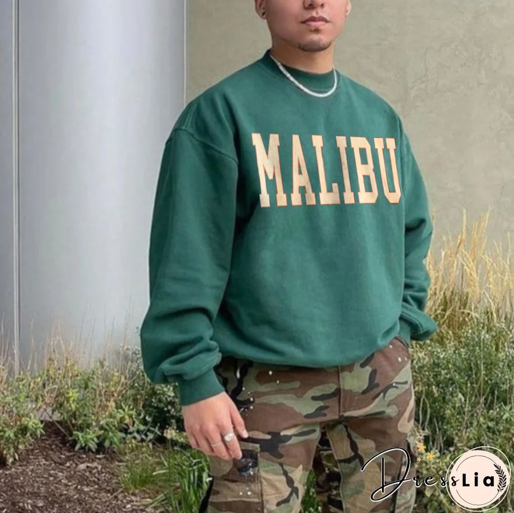 Retro Men's Malibu Simple Round Neck Letter Print Sweatshirt