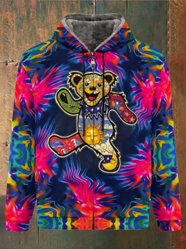 Unisex Bear Print Double Layer Fleece Zip-Up Hooded Jacket