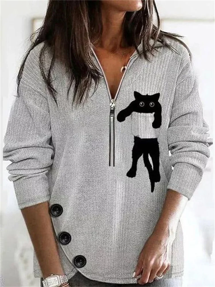 Cat Pocket Zip Up Button Slit Knit Pullover