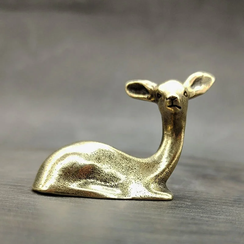 Pure Copper Lying Sika Deer Figurines Miniatures Small Desktop Ornament Vintage Brass Mini Animal Statue Tea Pet Home Decoration