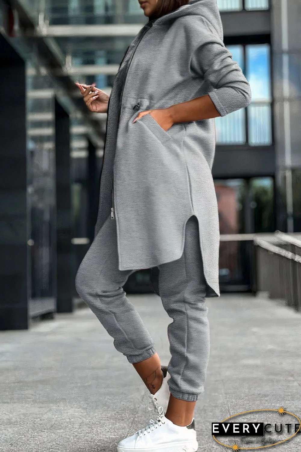 Split Zip Up Hooded Jacket & Slant Pocket Pants Set Without Crop Top