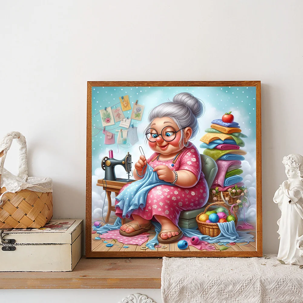 Diamond Painting - Full Round Drill - Old Lady Sewing(Canvas|30*30cm)