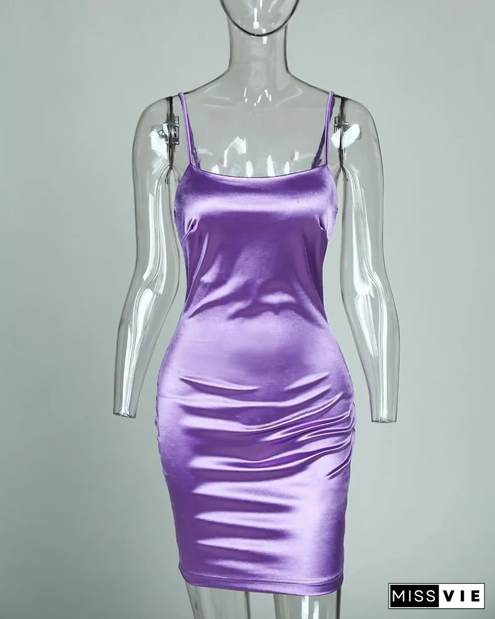 Spagheintti Strap U-neck Slimmg Satin Dress