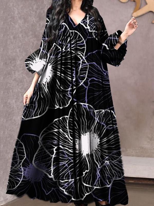 Big flower graphic flare sleeve long dress