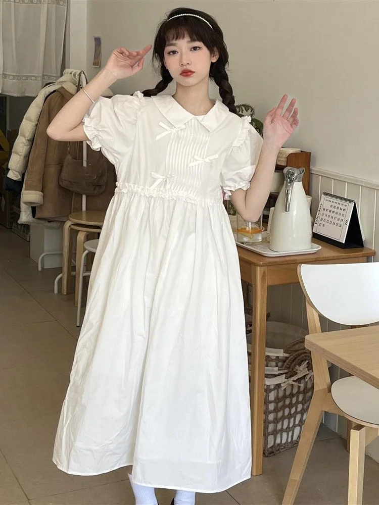 HOUZHOU White Dress Women Summer Kawaii Midi Dresses Bow Preppy Style Sundress Ruffle Patchwork Peter Pan Collar Puff Sleeve