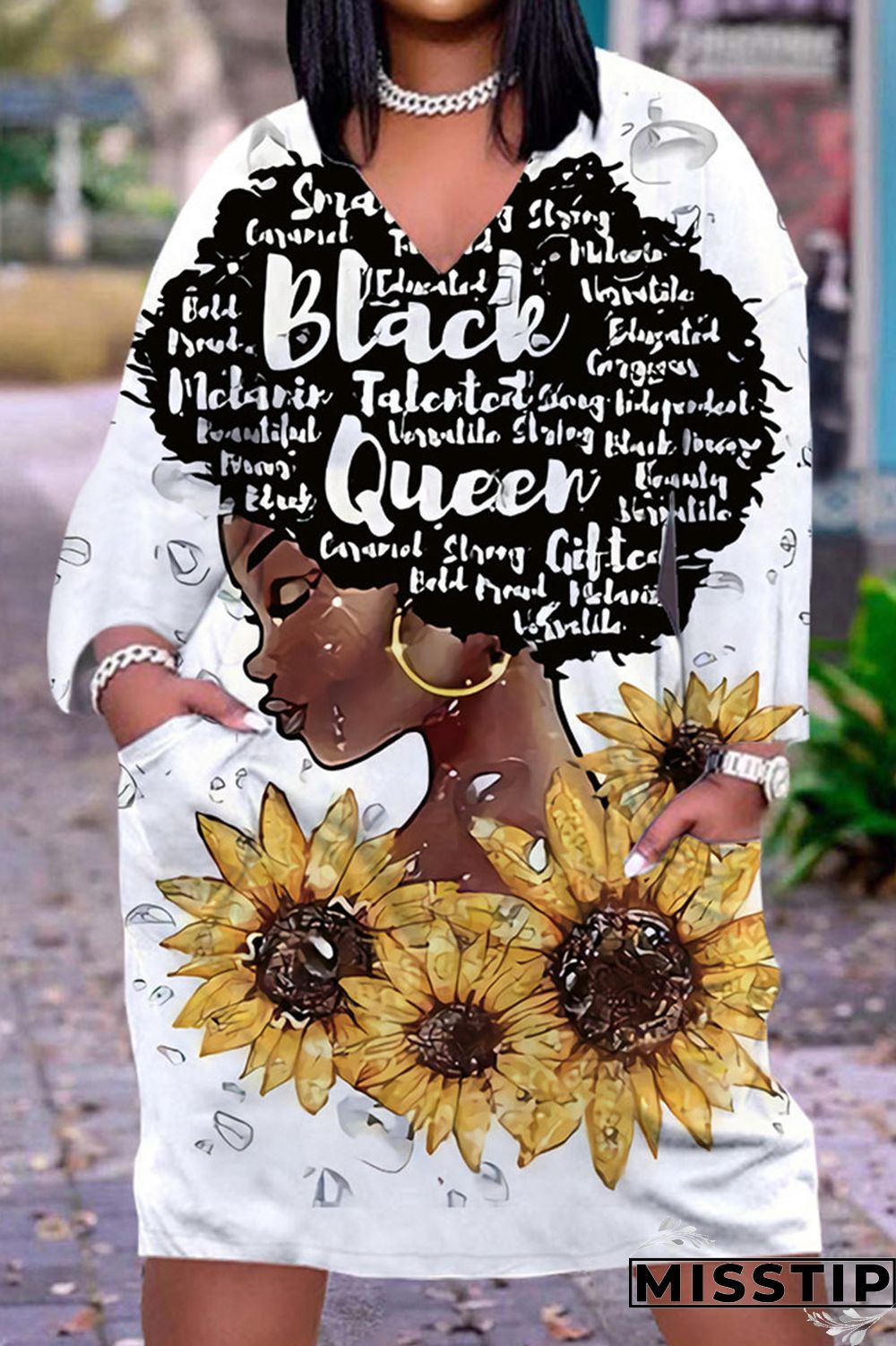 Black Casual Street Print Patchwork V Neck Straight Dresses