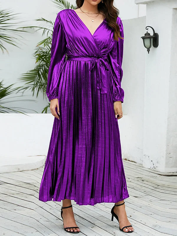 Bronzing Elasticity Pleated Solid Color Tied Waist High Waisted Long Sleeves Deep V-Neck Maxi Dresses