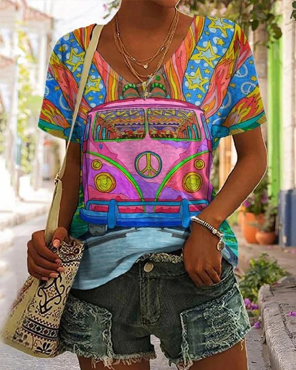 🔥kukelife🔥Hippie Peace Bus Print V-Neck Short Sleeve T-Shirt