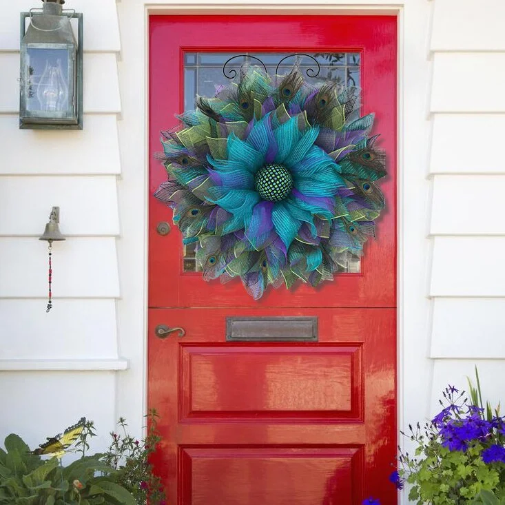 Peacock Pattern Burlap Sunflower Wreath Outdoor Summer Wreaths For Front Door