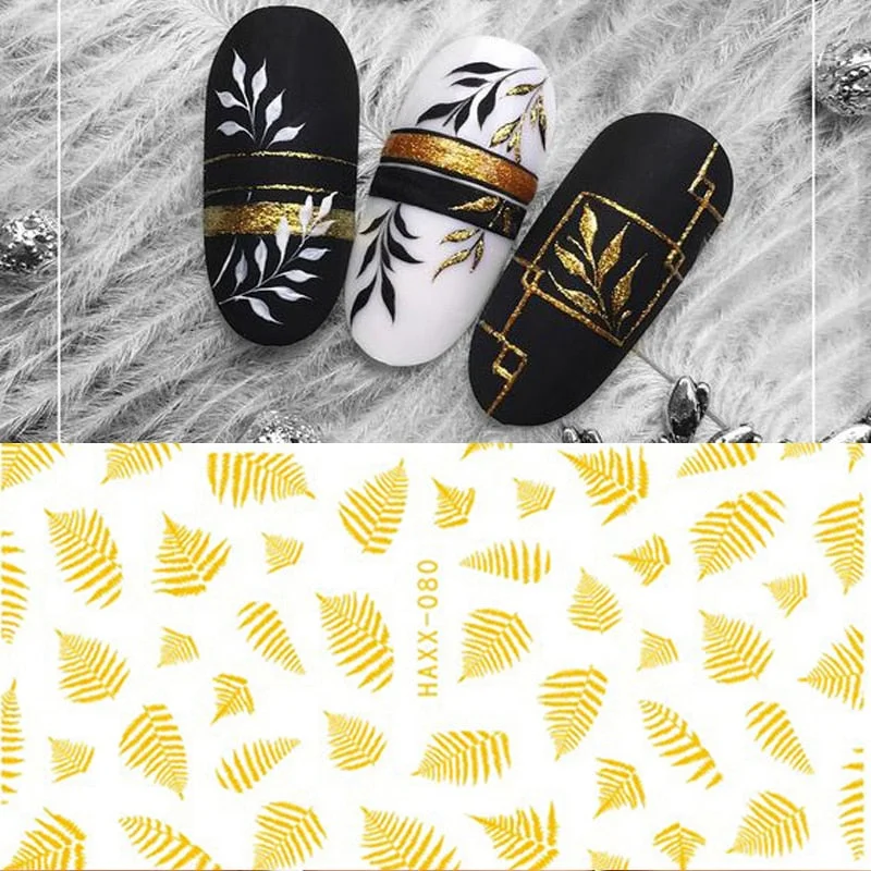 1 Sheet Flower Leaf Tree Green 3D Bronzing Nail Art Stickers Black White Sliders Summer DIY Decals for Nail Art Decoration