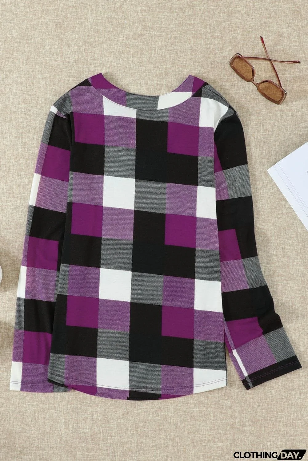 Contrast Plaid V Neck Long Sleeve Top