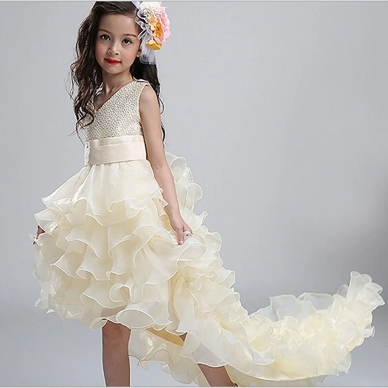 Summer Trailing Flower Girl Dress Elegant Party Wedding Birthday Ball Gown Bridesmaid Dress Bow-knot Princess Kid Clothes 8 10 Y