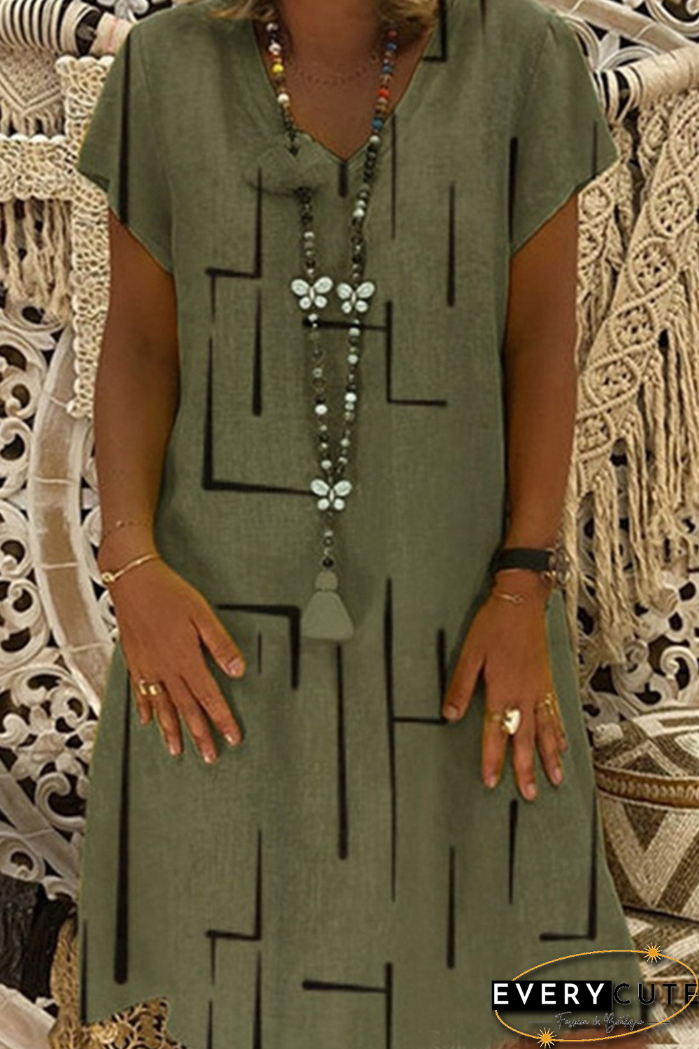 Casual Print Patchwork V Neck Straight Dresses(8 Colors)