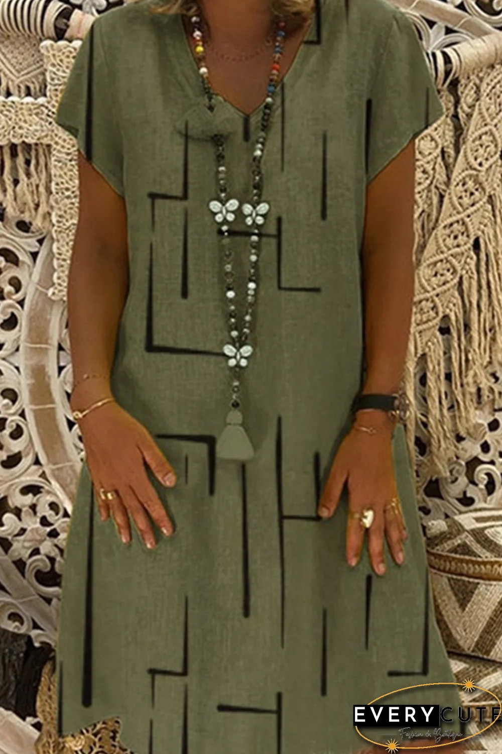 Casual Print Patchwork V Neck Straight Dresses(8 Colors)