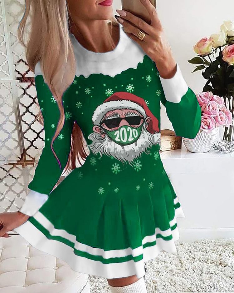 Christmas Santa Print Long Sleeve Pleated Dress P10834