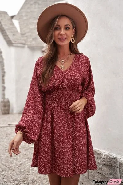 Smocked V-Neck Balloon Sleeve Dress
