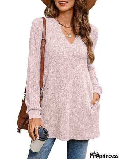 Slit Notched Pocketed Long Sleeve T-Shirt