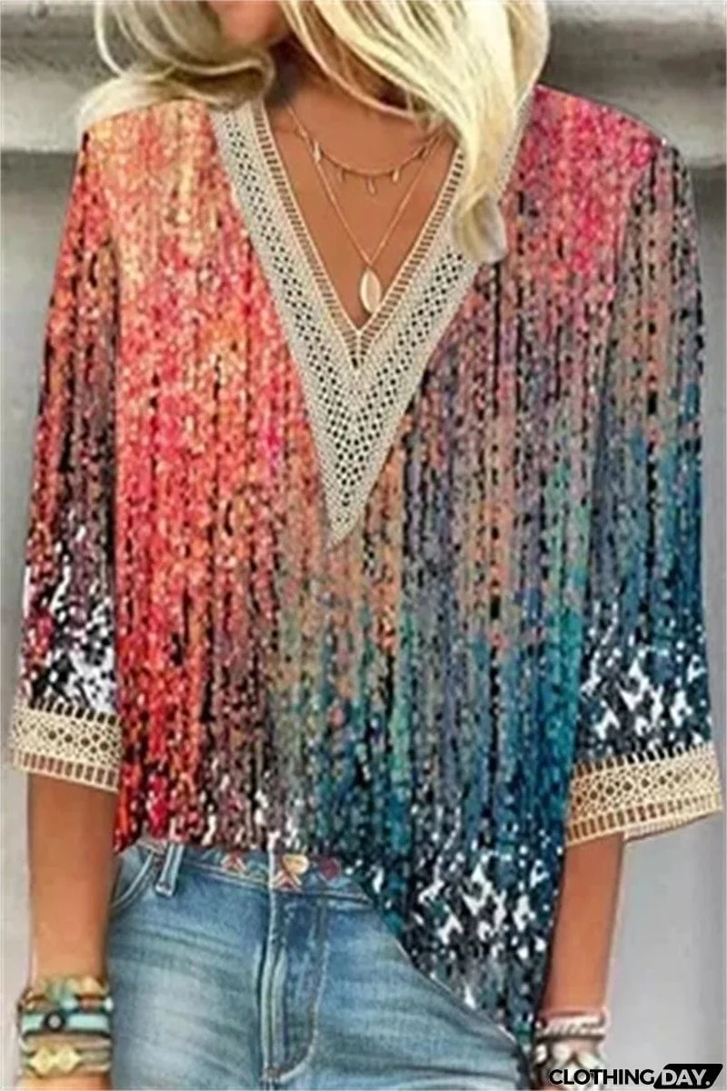 Casual Street Print Patchwork V Neck T-Shirts(6 Colors)