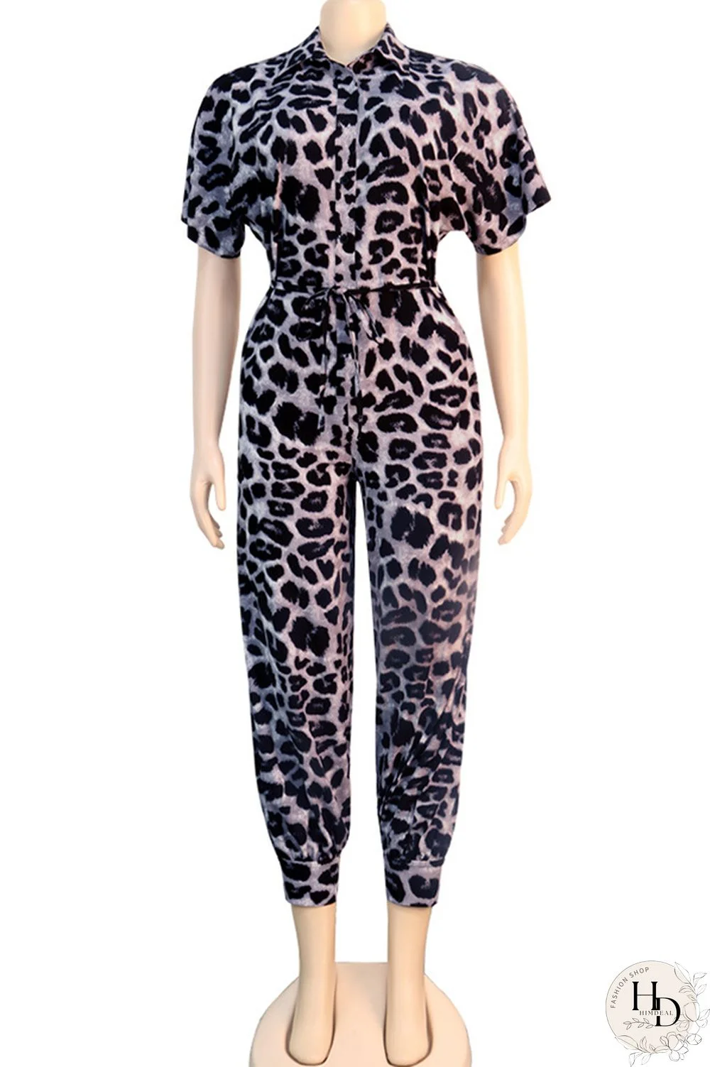 Yellow Sexy Leopard grain bandage Long Sleeve Turndown Collar Jumpsuits