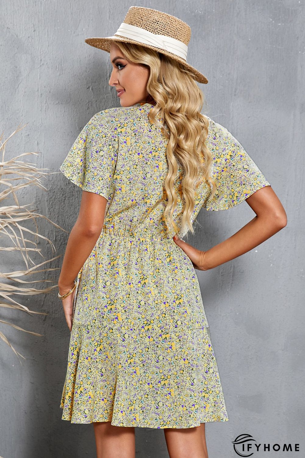 Floral Print Tie Knot Ruffled Short Sleeve Mini Dress | IFYHOME