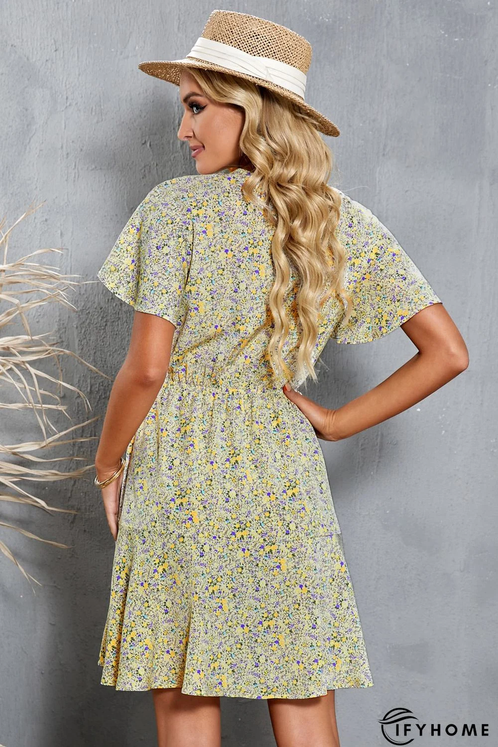 Floral Print Tie Knot Ruffled Short Sleeve Mini Dress | IFYHOME