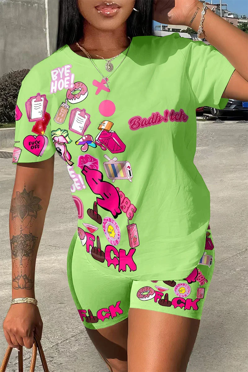 Fluorescent Color Casual Street Print Patchwork O Neck Short Sleeve Two Pieces