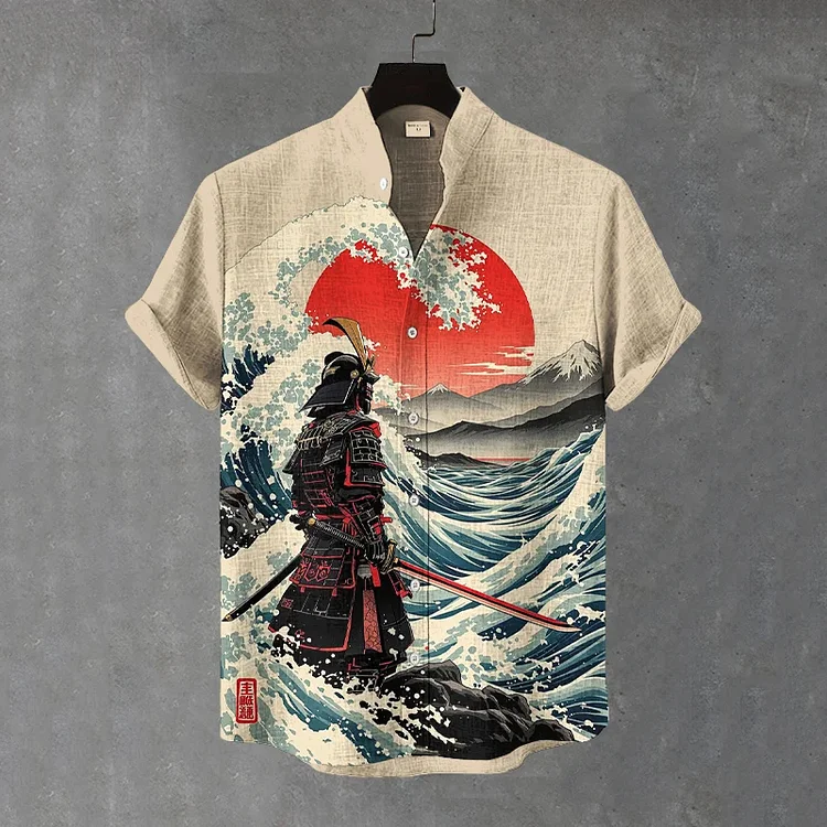 Men's Sunset Waves Samurai Japanese Art Casual Short Sleeve Shirts