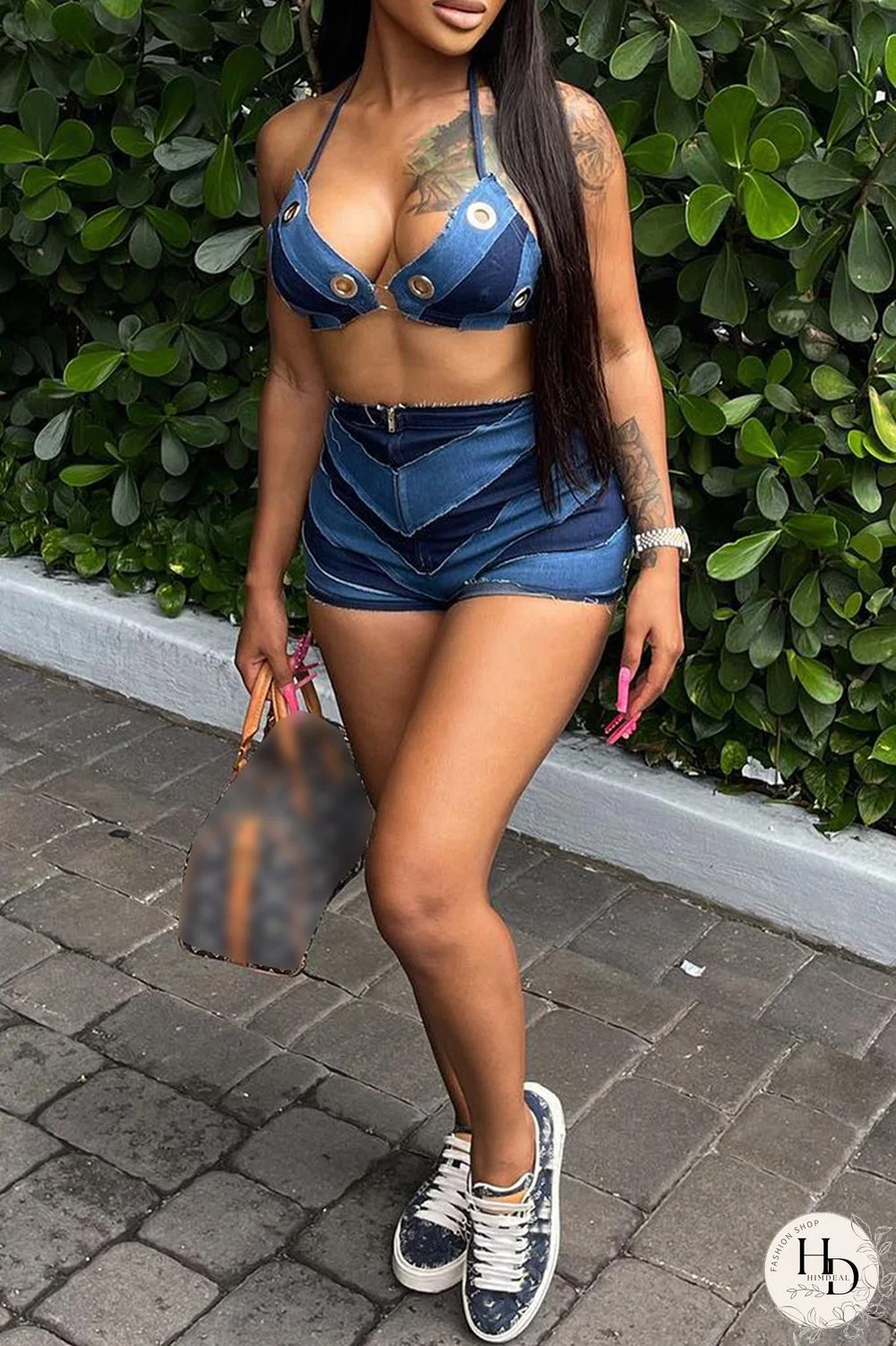 Black Gray Sexy Patchwork Bandage Hollowed Out Backless Contrast Halter Sleeveless Two Pieces