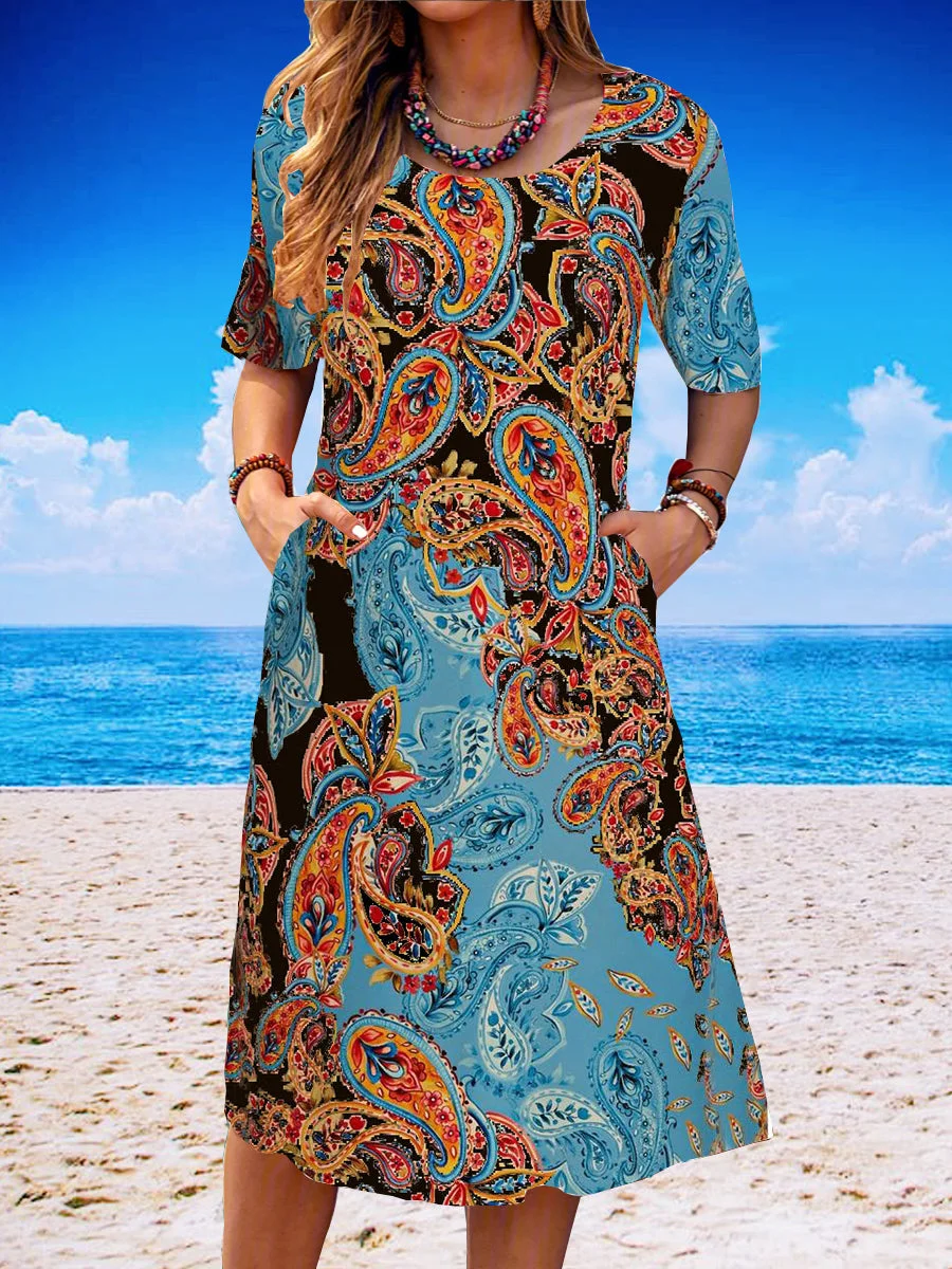 Women Casual Short Sleeve Scoop Neck Floral Printed Midi Dress