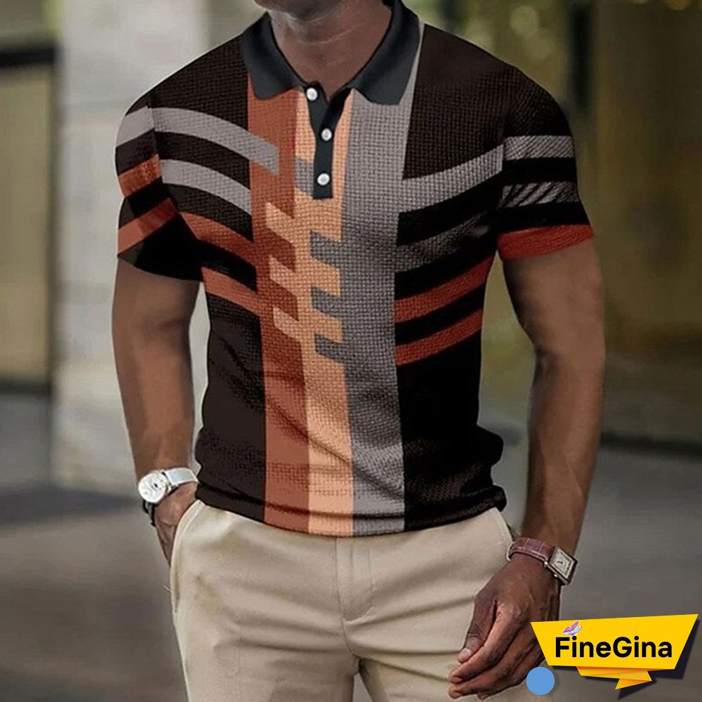 Black khaki Men's Short Sleeves Striped Graphic 3D Print Button-Down Shirt