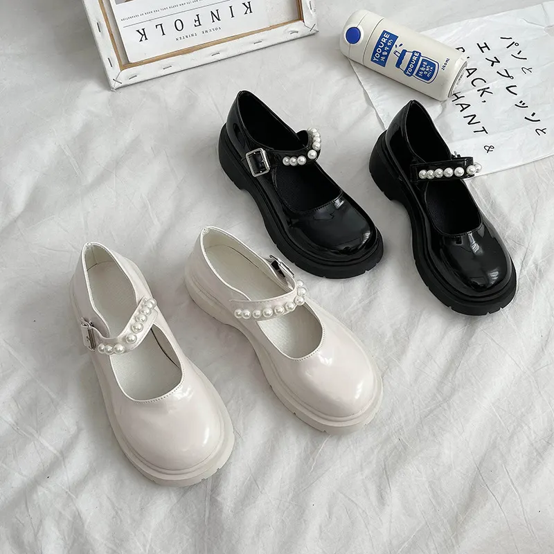 Breakj Breakj Retro British Style Small Leather Shoes Women 2025 Spring New Beaded Fairy With Thick-Soled Mary Jane Single Shoes