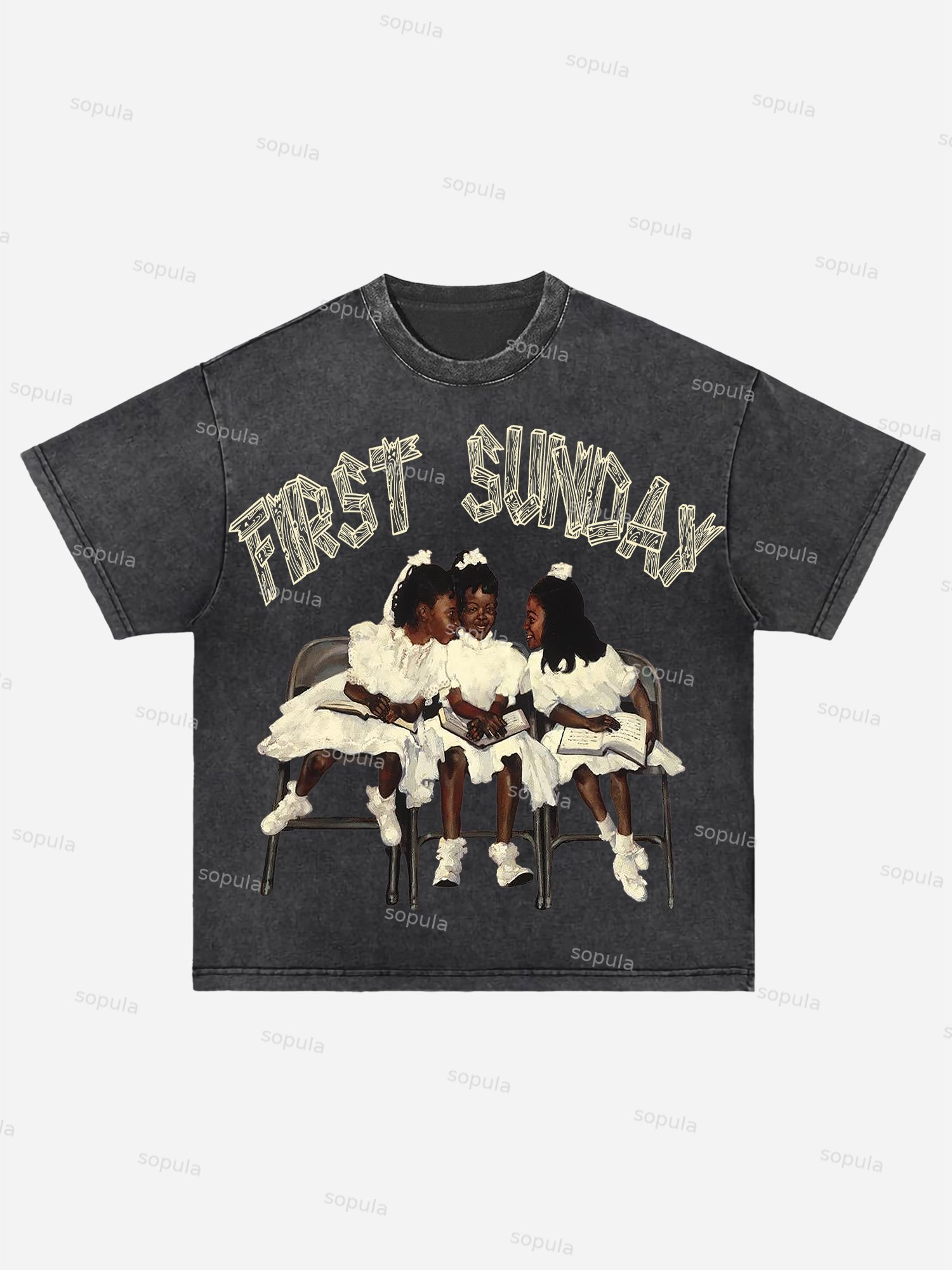 Retro First Sunday Faith Graphic Print Acid Washed T-shirt - Sopula｜Premium Graphic Tees & Graphic Clothing