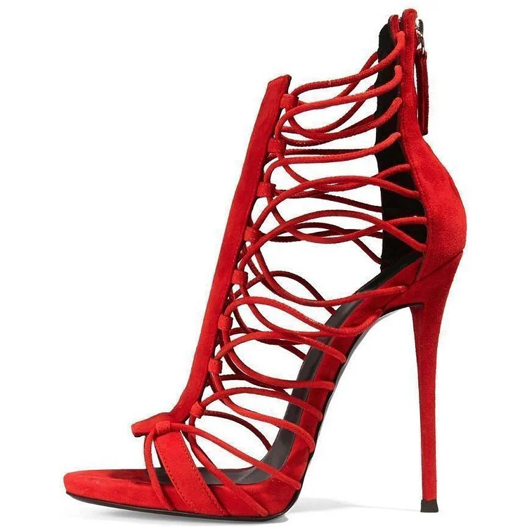 Red Vegan Suede Open Toe Strappy Shoes Stiletto Gladiator Sandals |FSJ Shoes