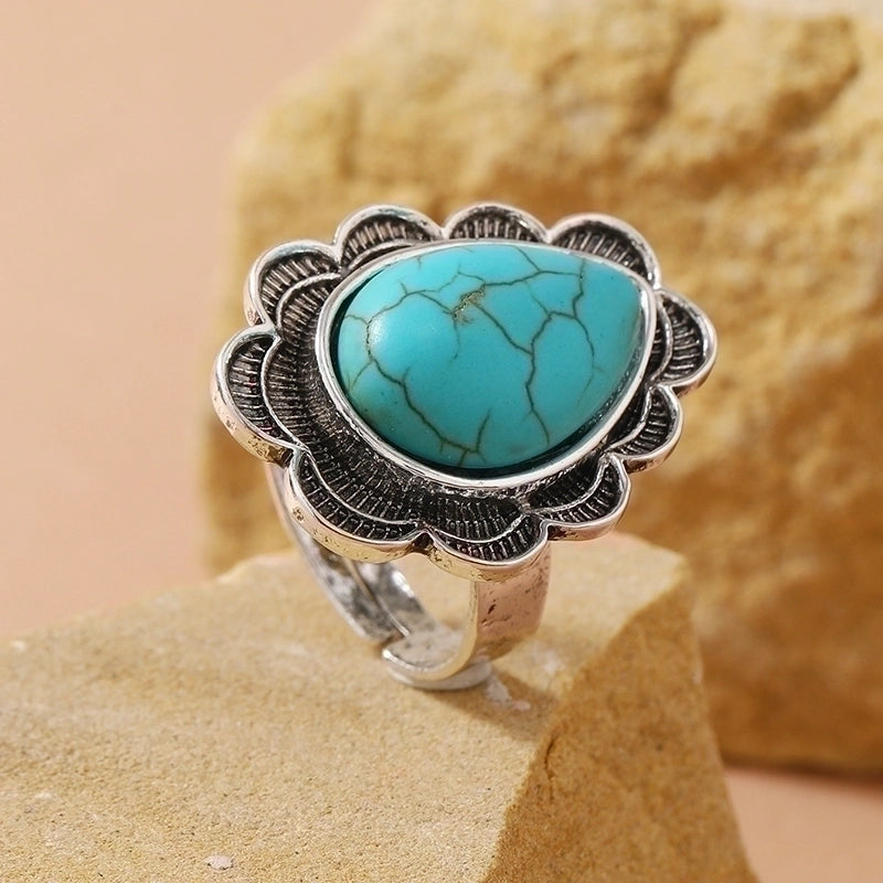 Classical Ethnic Style Water Droplets Alloy Inlay Turquoise Women’s Open Ring